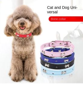 Pet bones pet collar PU dog collar adjustable cat collar pet jewelry (Color: Sky Blue, size: 1.2*33cm)