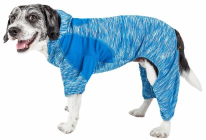 Pet Life Active 'Downward Dog' Heathered Performance 4-Way Stretch Two-Toned Full Body Warm Up Hoodie (Color: Blue, size: large)